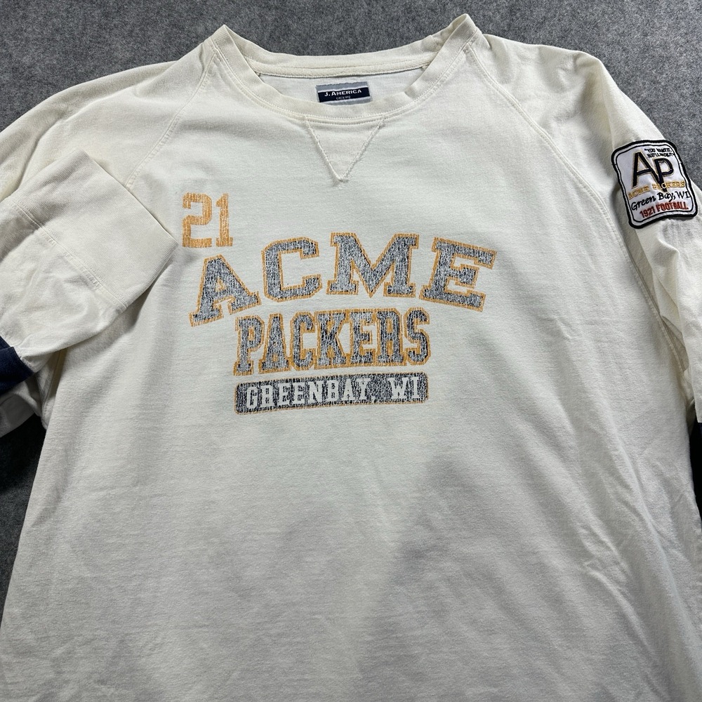 J. America Acme Packers T-Shirt Mens Large Cream Long‎ Sleeve Raglan Graphic